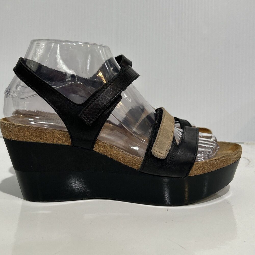 NAOT Canaan Black Tan Leather Strappy Wedge Sandals Casual Women's Shoes 7